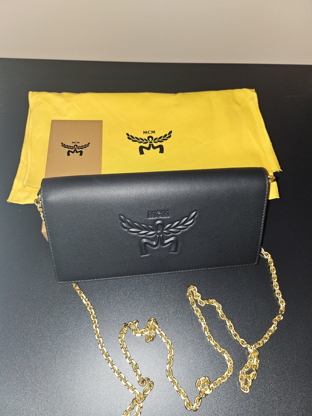 MCM Black Leather Crossbody with Gold Chain